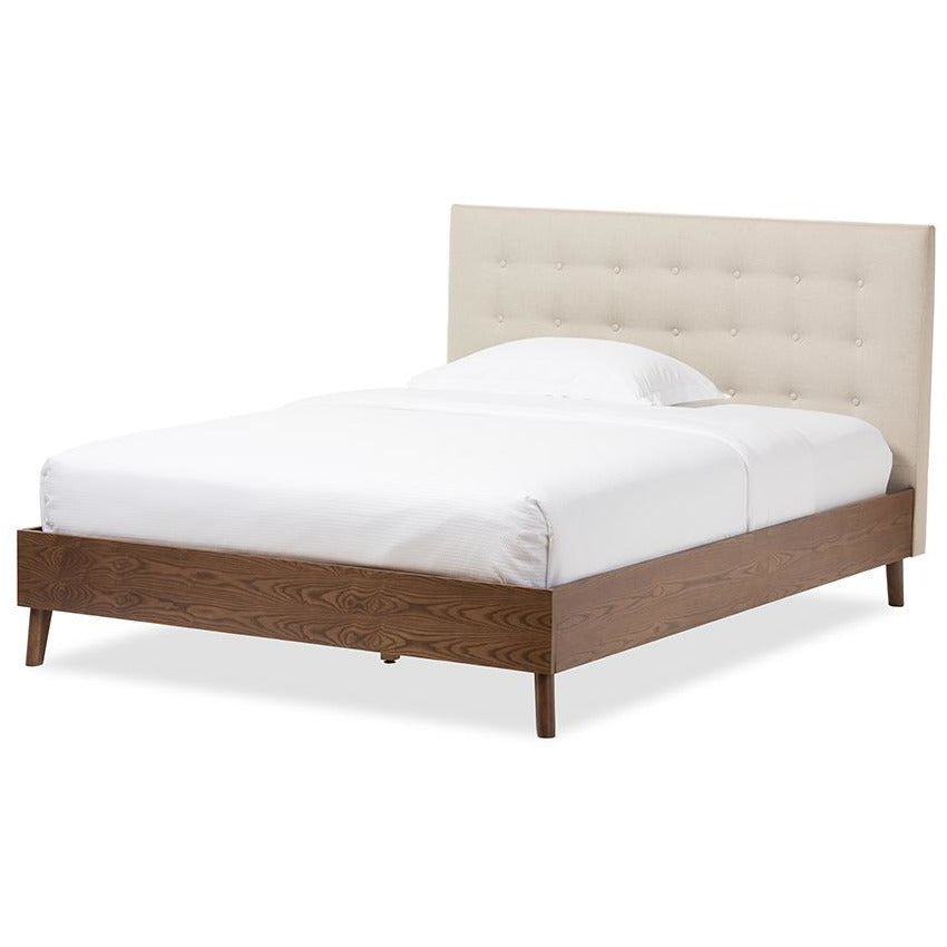 Alinia Queen Size Platform Bed Light Beige Fabric Walnut Wood