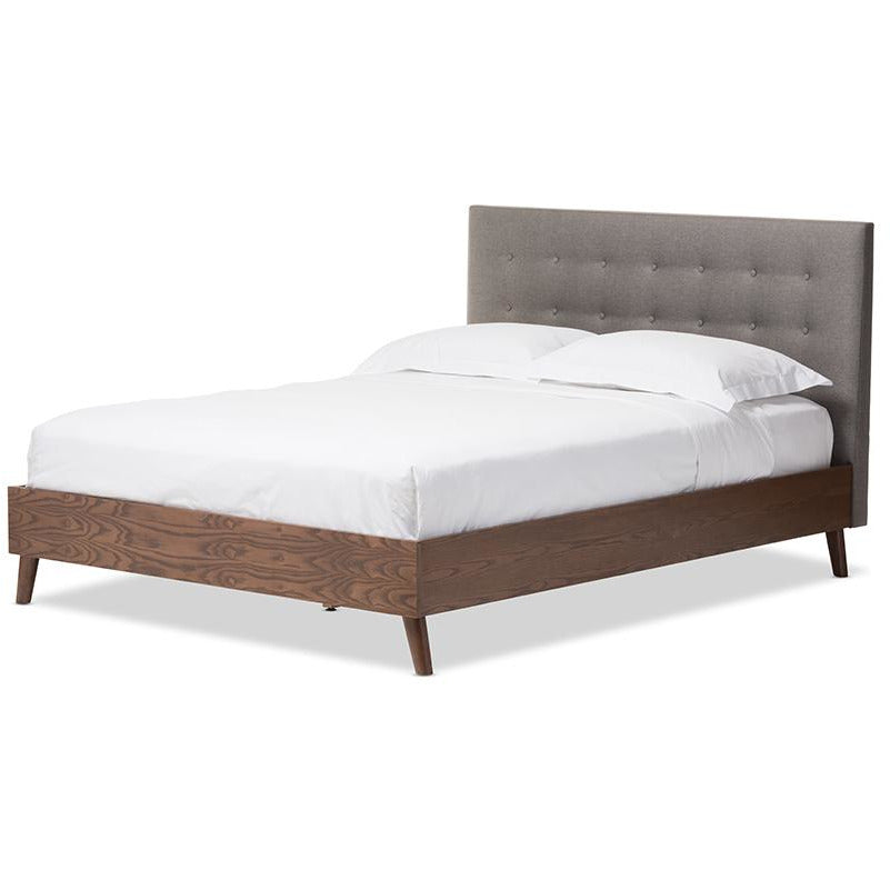 Alinia Full Size Platform Bed Grey Fabric Walnut Wood