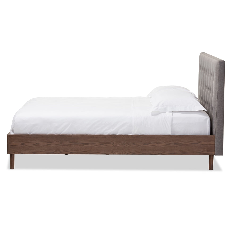 Alinia Full Size Platform Bed Grey Fabric Walnut Wood