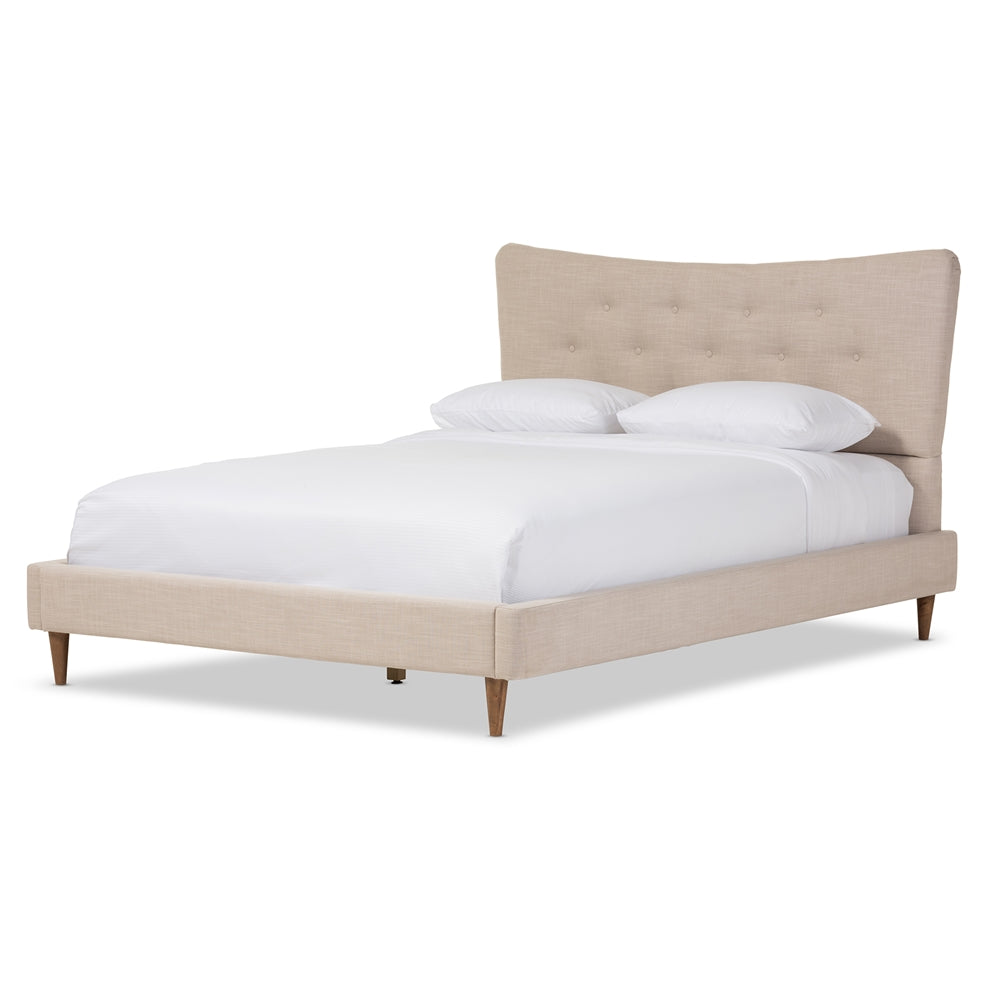 Hannah Mid-Century Modern Beige Linen Queen Size Platform Bed
