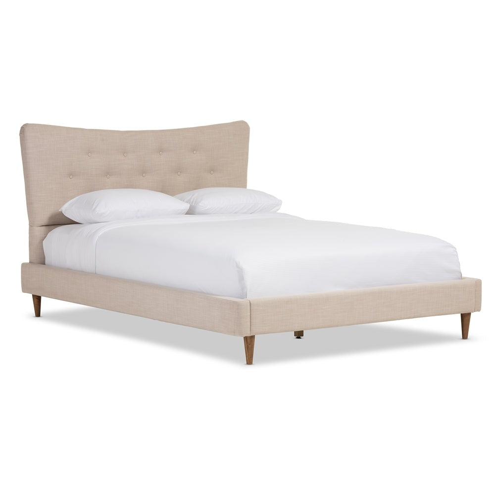 Hannah Mid-Century Modern Beige Linen Queen Size Platform Bed