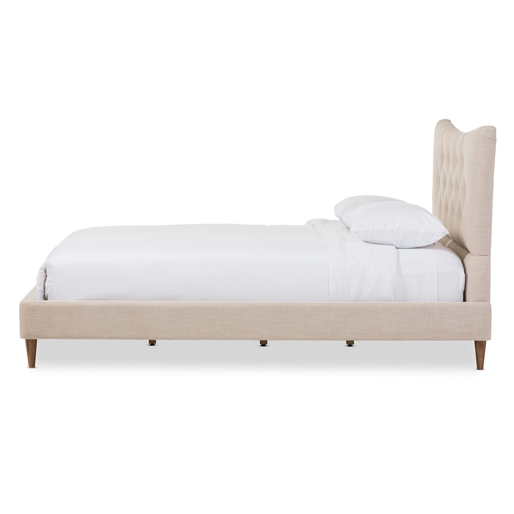 Hannah Mid-Century Modern Beige Linen King Size Platform Bed