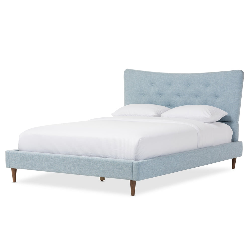 Hannah Mid-Century Modern Sky Blue Fabric Queen Size Platform Bed