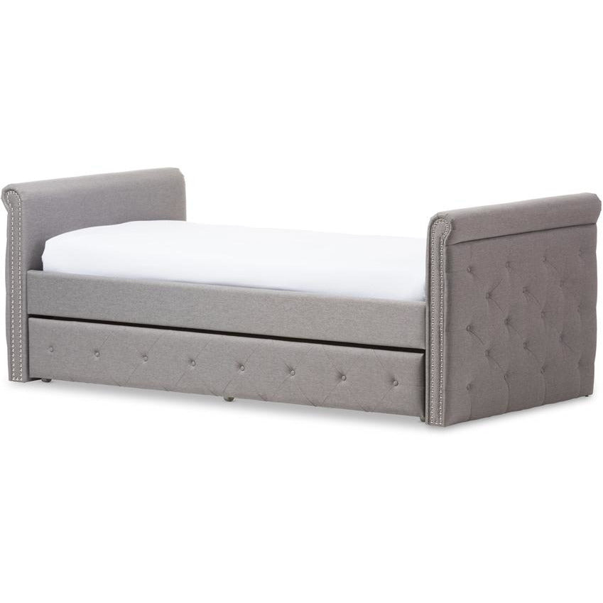Swamson Grey Fabric Tufted Twin Size Daybed With Roll-Out Trundle Guest Bed