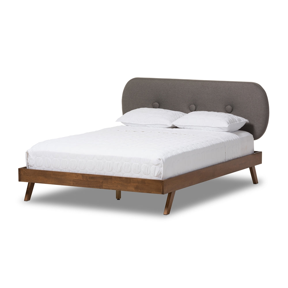 Penelope Solid Walnut Wood Grey Fabric Upholstered King Size Platform Bed