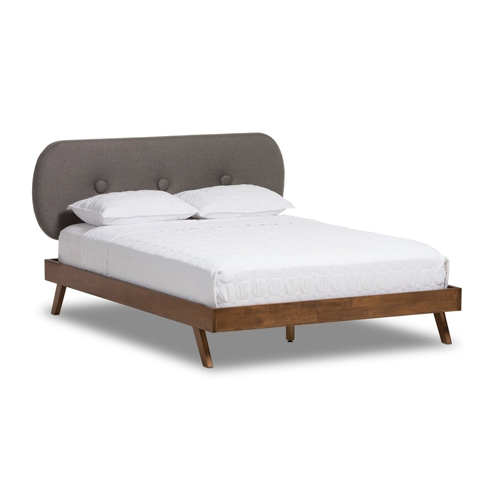 Penelope Solid Walnut Wood Grey Fabric Upholstered Full Size Platform Bed