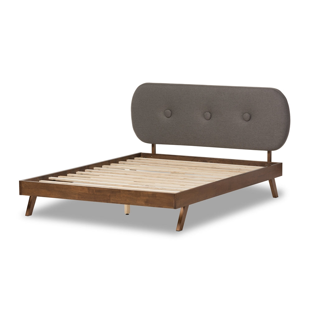 Penelope Solid Walnut Wood Grey Fabric Upholstered King Size Platform Bed