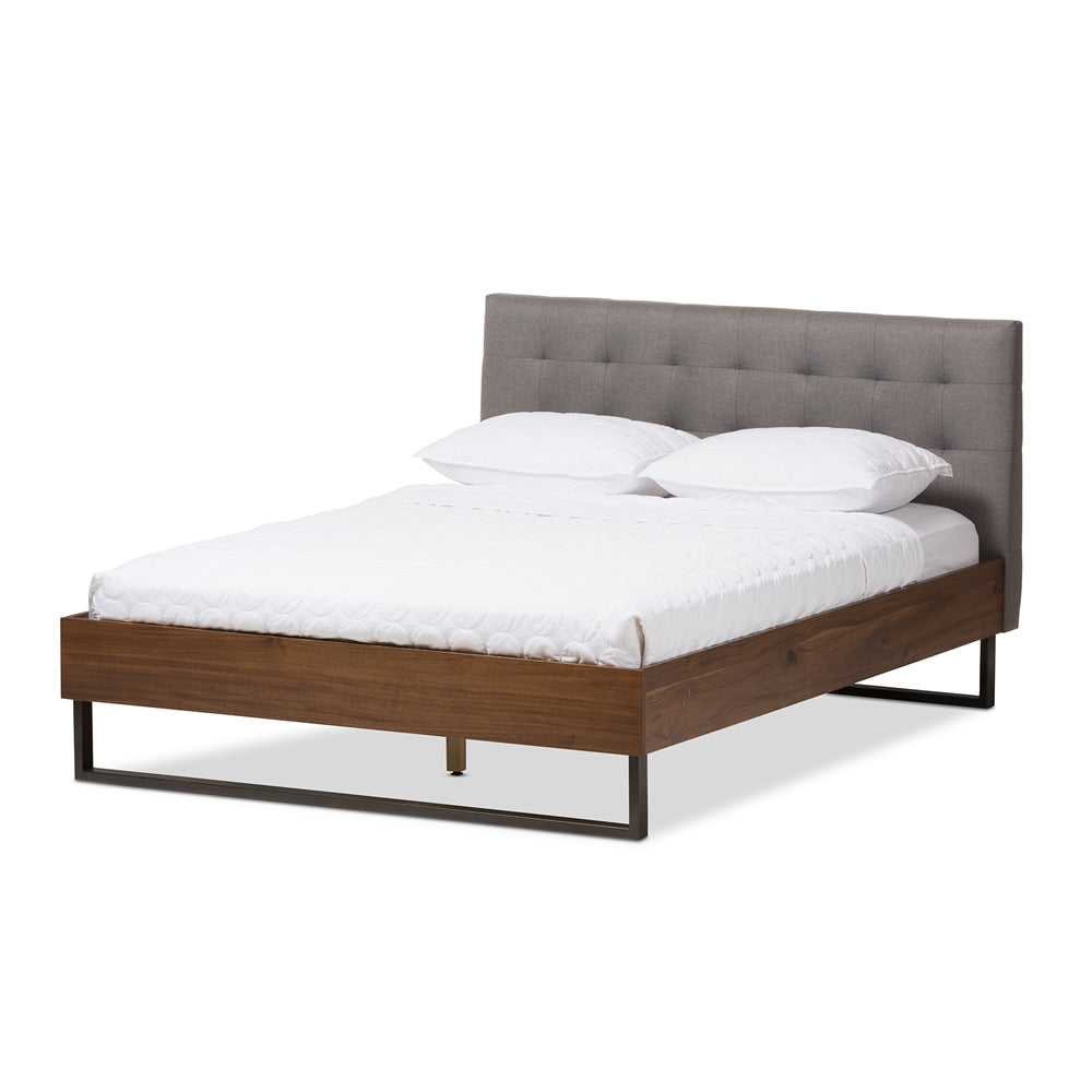 Mitchell Walnut Wood Grey Fabric Dark Bronze Metal Queen Size Platform Bed