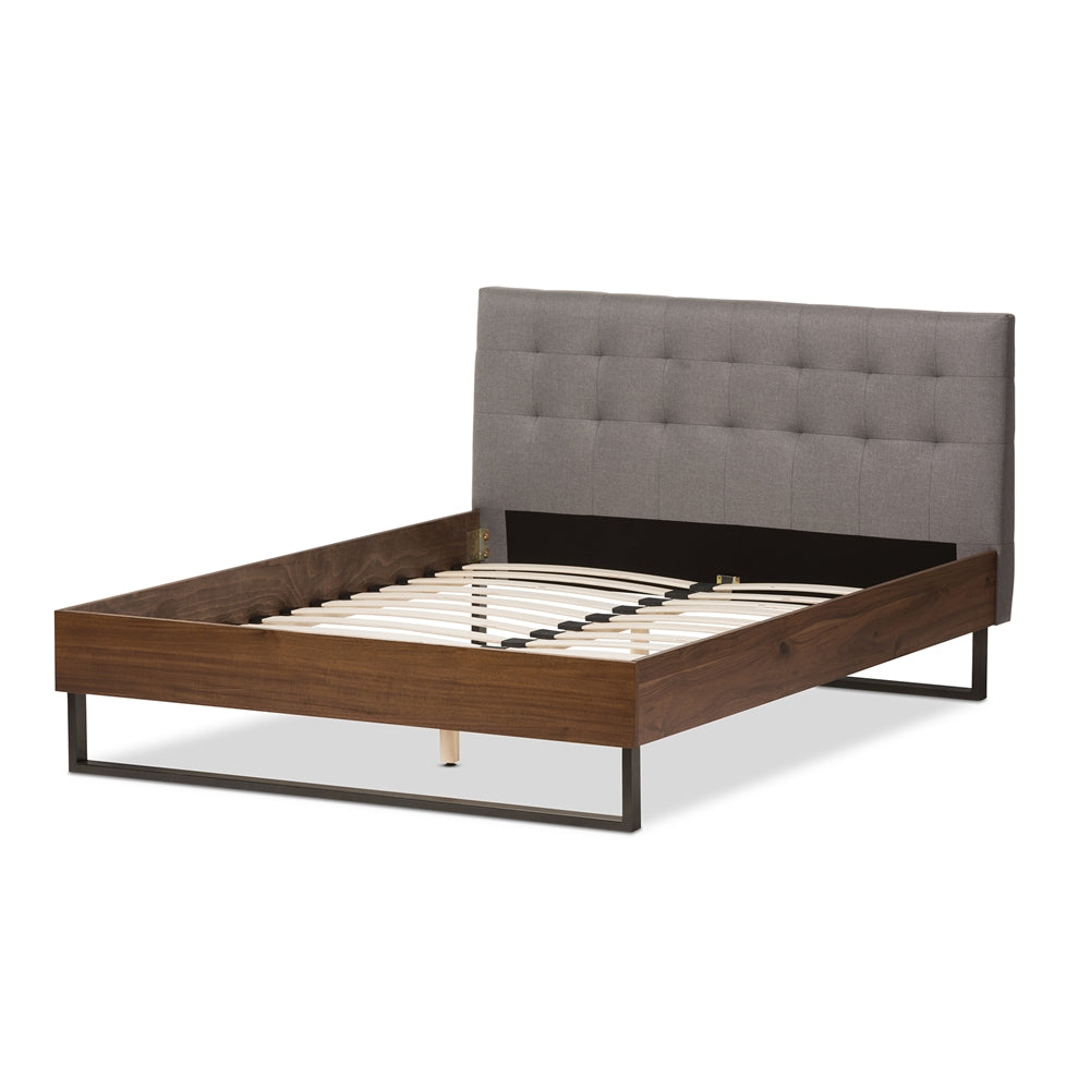 Mitchell Walnut Wood Grey Fabric Dark Bronze Metal Queen Size Platform Bed