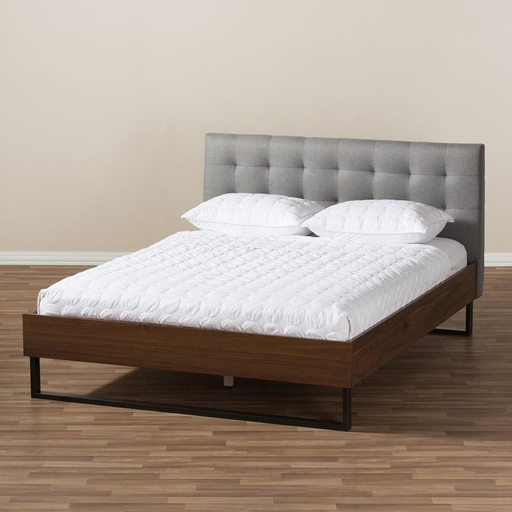 Mitchell Walnut Wood Grey Fabric Dark Bronze Metal Queen Size Platform Bed