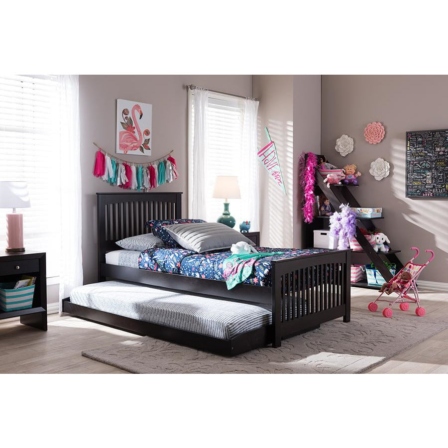 Hevea Twin Size Dark Brown Solid Wood Platform Bed With Guest Trundle Bed