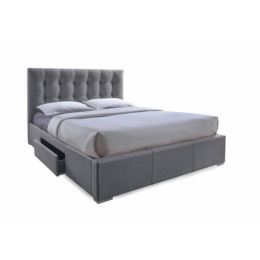 Sarter Grid-Tufted Grey Fabric King Size Bed with Storage