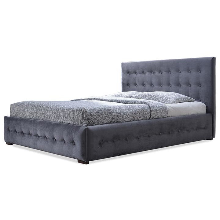 Margaret Grey Velvet Button-Tufted Queen Platform Bed