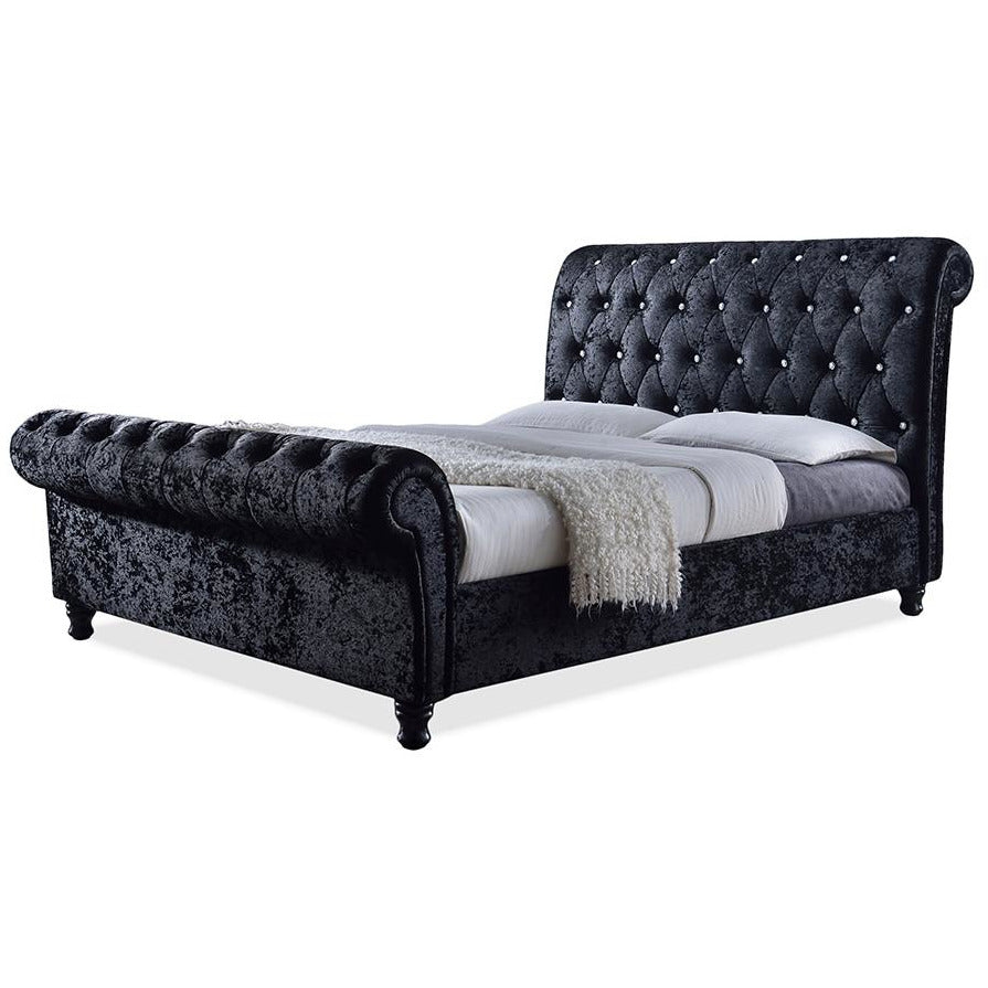 Castello Queen Size Platform Bed Black Velvet Crystal-Buttoned Sleigh