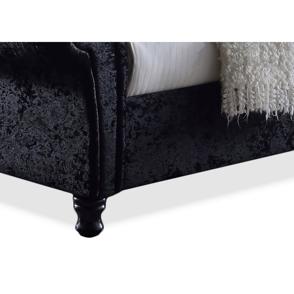 Castello Queen Size Platform Bed Black Velvet Crystal-Buttoned Sleigh