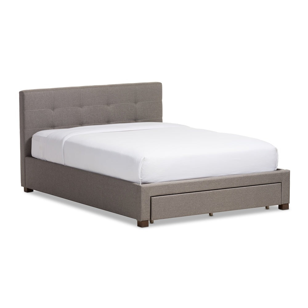 Brandy Grey Fabric Upholstered Queen Size Platform Bed With Storage Drawer