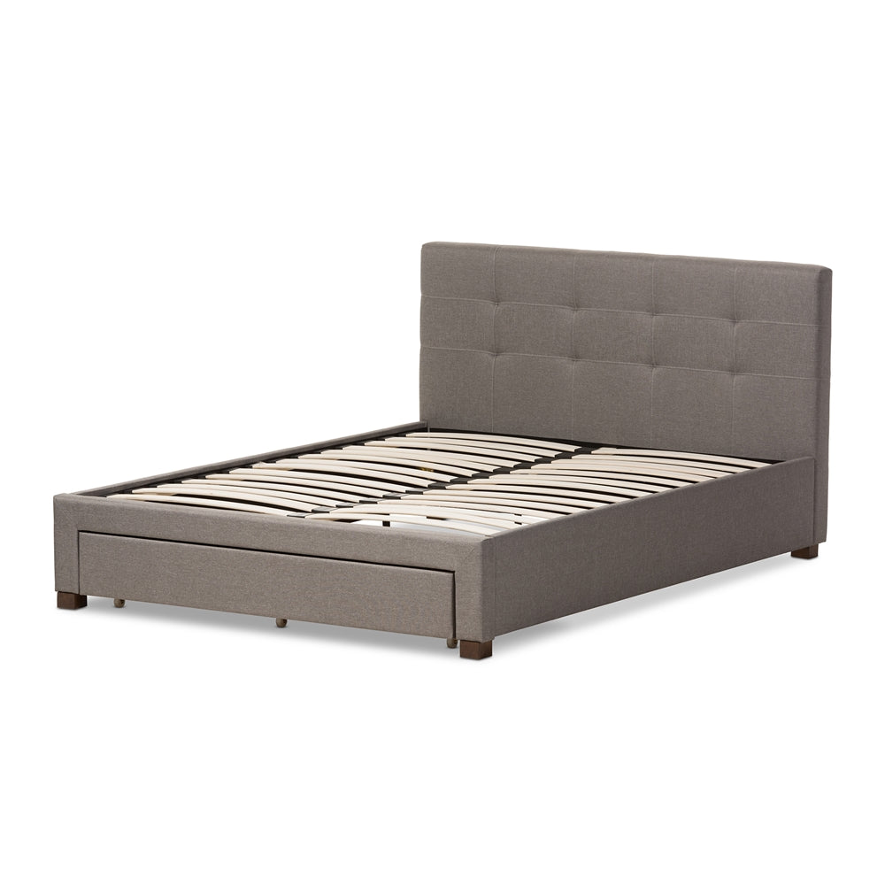 Brandy Grey Fabric Upholstered King Size Platform Bed With Storage Drawer