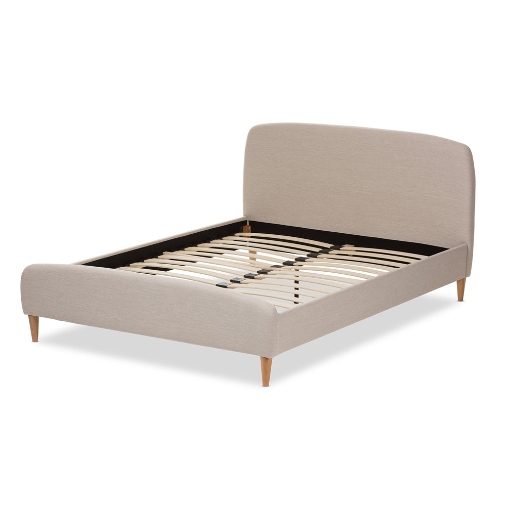 Mia Mid-Century Light Beige Fabric Upholstered Queen Size Platform Bed