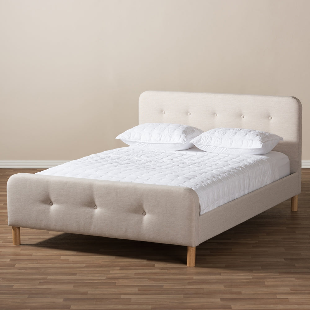 Samson Mid-Century Light Beige Fabric Upholstered Full Size Platform Bed