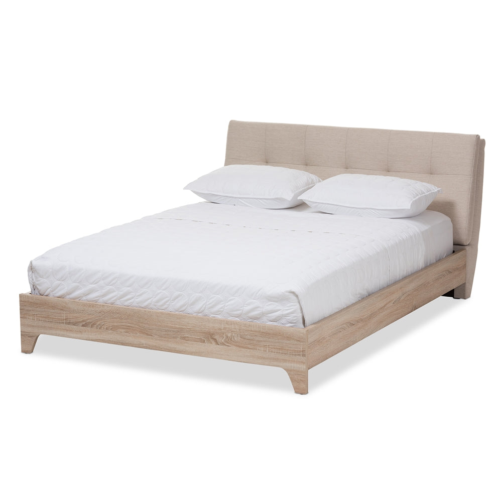 Adelia Mid-Century Light Beige Whitewash Queen Size Platform Bed