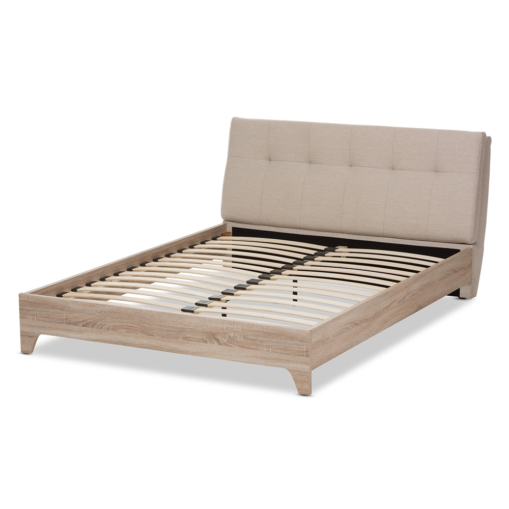 Adelia Mid-Century Light Beige Whitewash Queen Size Platform Bed