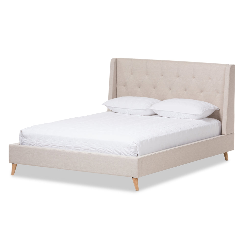 Adelaide Retro Modern Light Beige Fabric Upholstered Queen Size Platform Bed