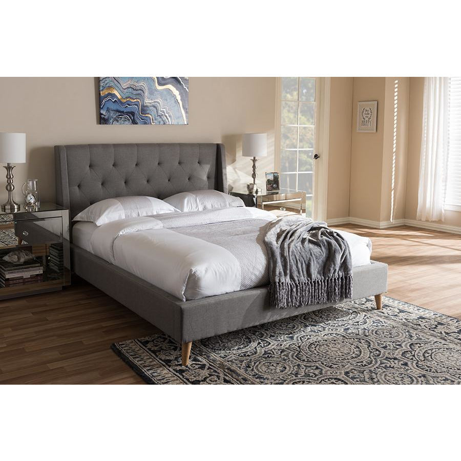 Adelaide Retro Modern Light Grey Fabric Upholstered Queen Size Platform Bed