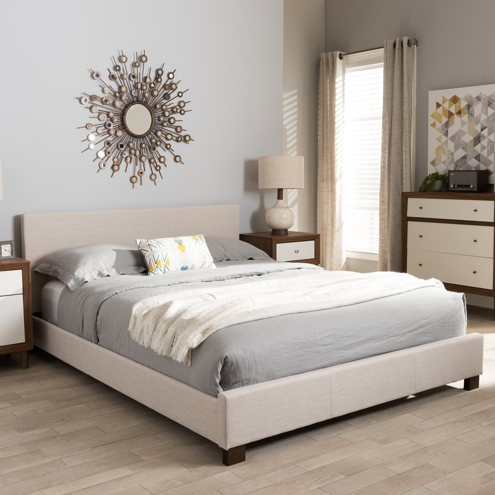 Elizabeth Beige Fabric Upholstered Panel-Stitched Queen Size Platform Bed