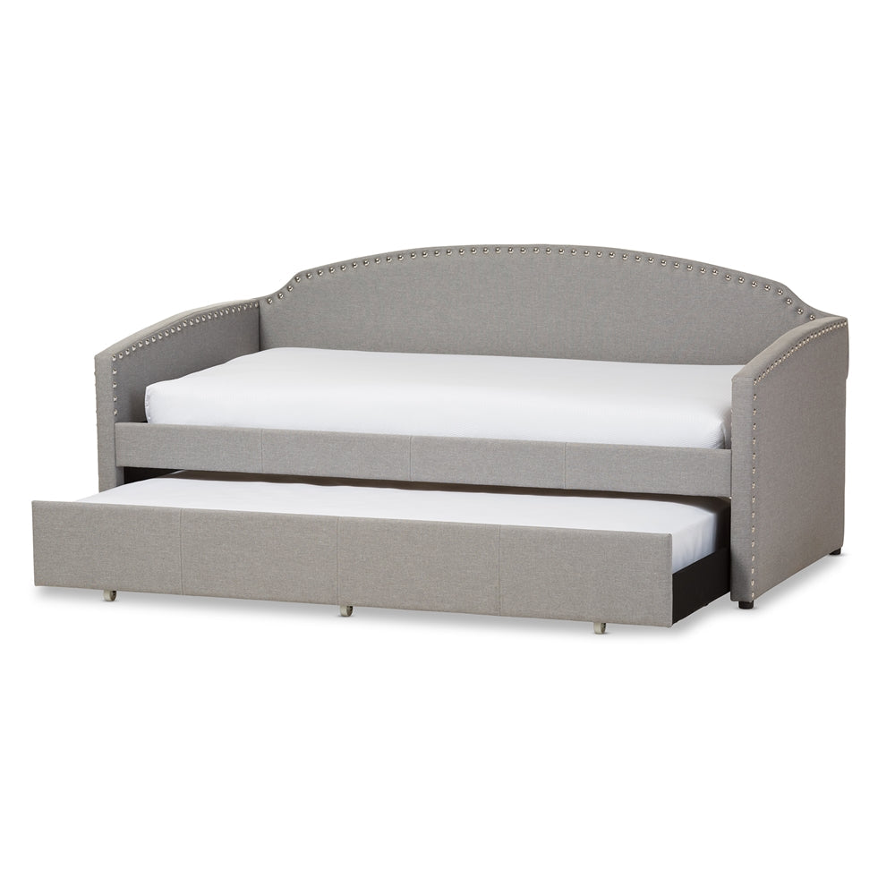 Lanny Twin Daybed Grey Fabric Nail Heads Trimmed with Trundle