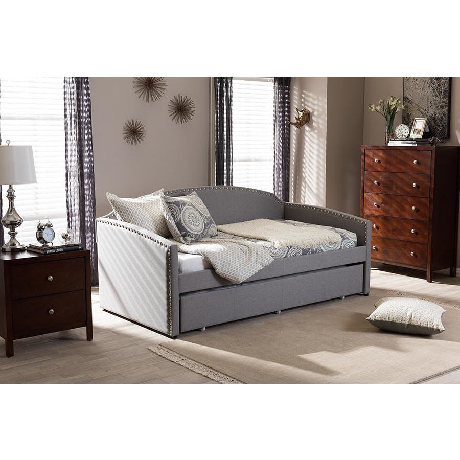 Lanny Twin Daybed Grey Fabric Nail Heads Trimmed with Trundle