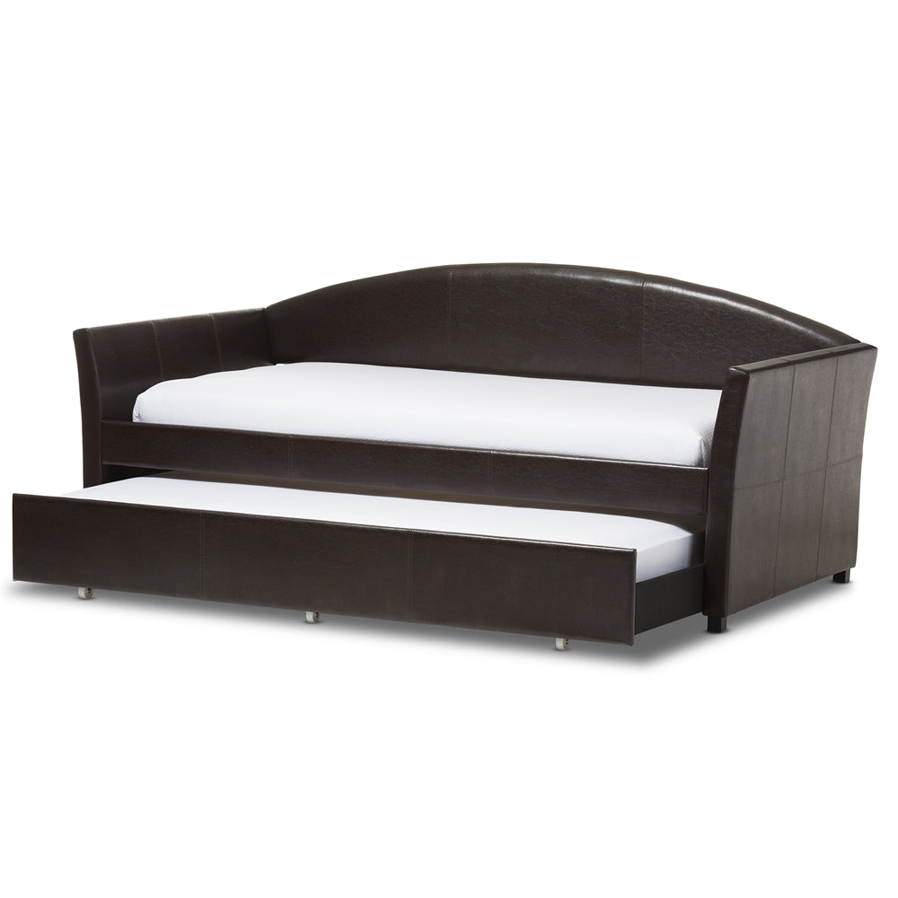 London Twin Daybed Brown Faux Leather, Modern Arched Back with Trundle