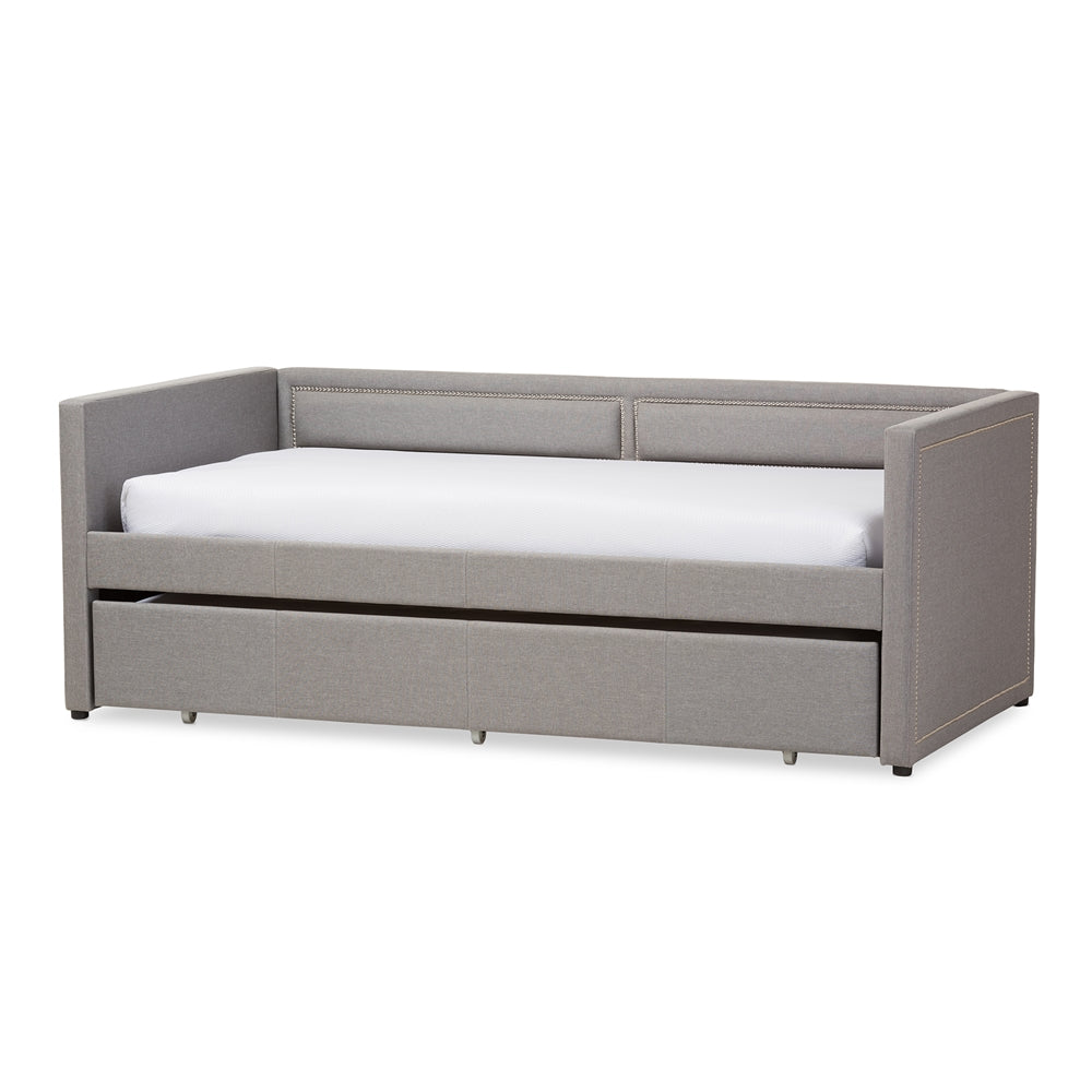 Raymond Twin Daybed Grey Fabric Nail Heads Trimmed with Trundle