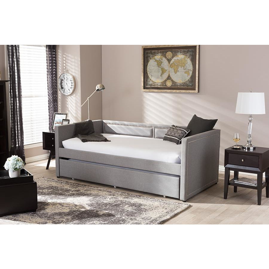 Raymond Twin Daybed Grey Fabric Nail Heads Trimmed with Trundle