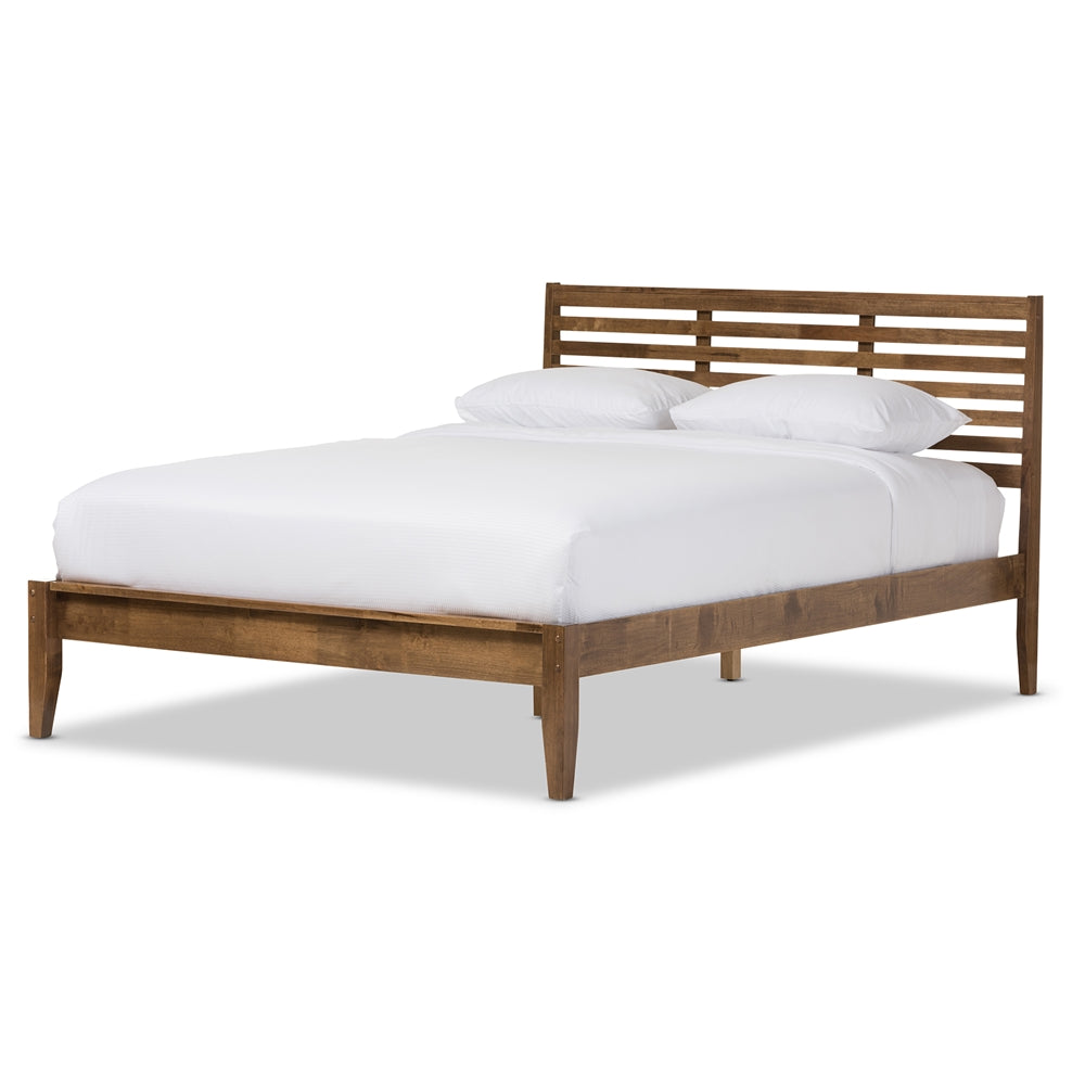 Daylan Mid-Century Modern Solid Walnut Wood Slatted Queen Size Platform Bed