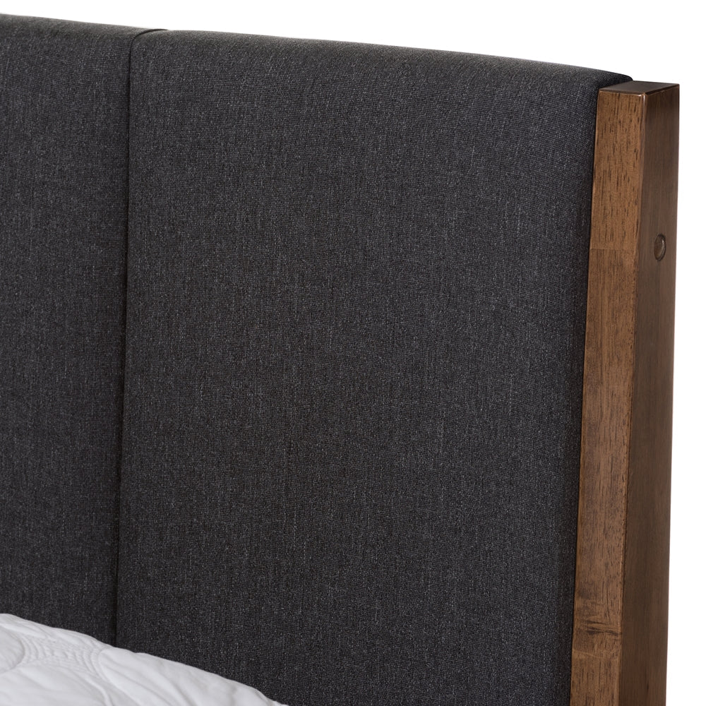 Ember King Size Mid-Century Dark Grey Fabric & Medium Brown Wood