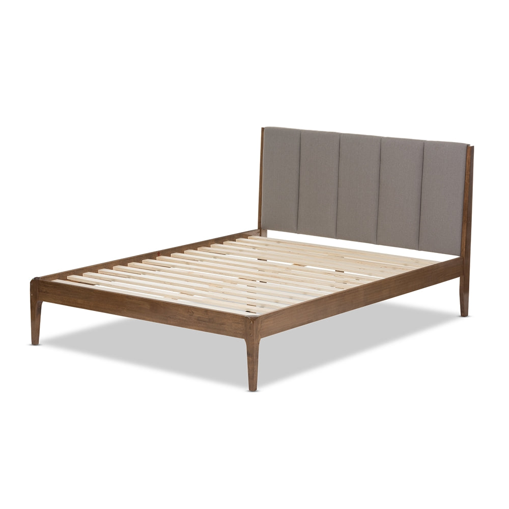 Ember Light Grey Fabric and Medium Brown Finish Wood Queen Size Platform Bed