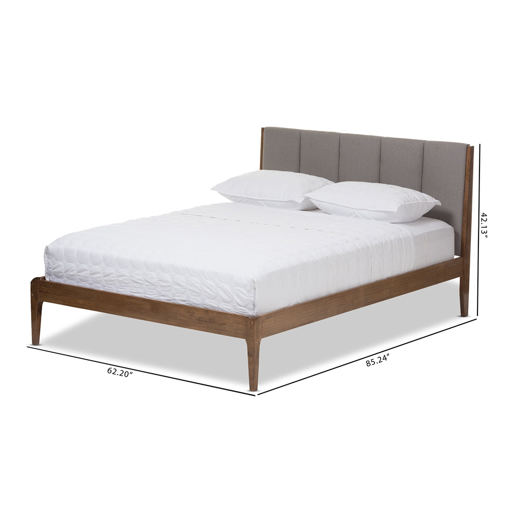 Ember Light Grey Fabric and Medium Brown Finish Wood Queen Size Platform Bed