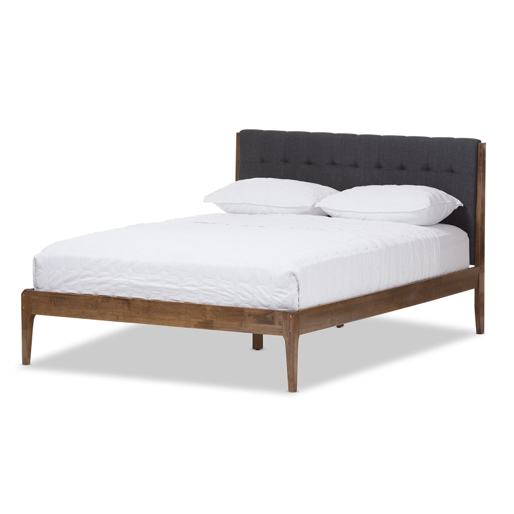 Clifford Dark Grey Fabric and Medium Brown Finish Wood King Size Bed