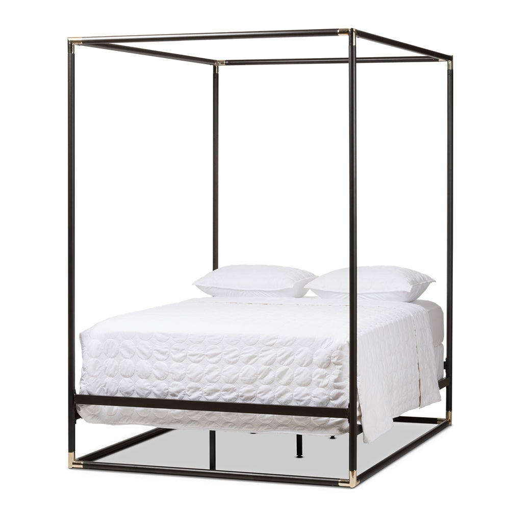 Eva Vintage Industrial Black Finished Metal Canopy Queen Bed