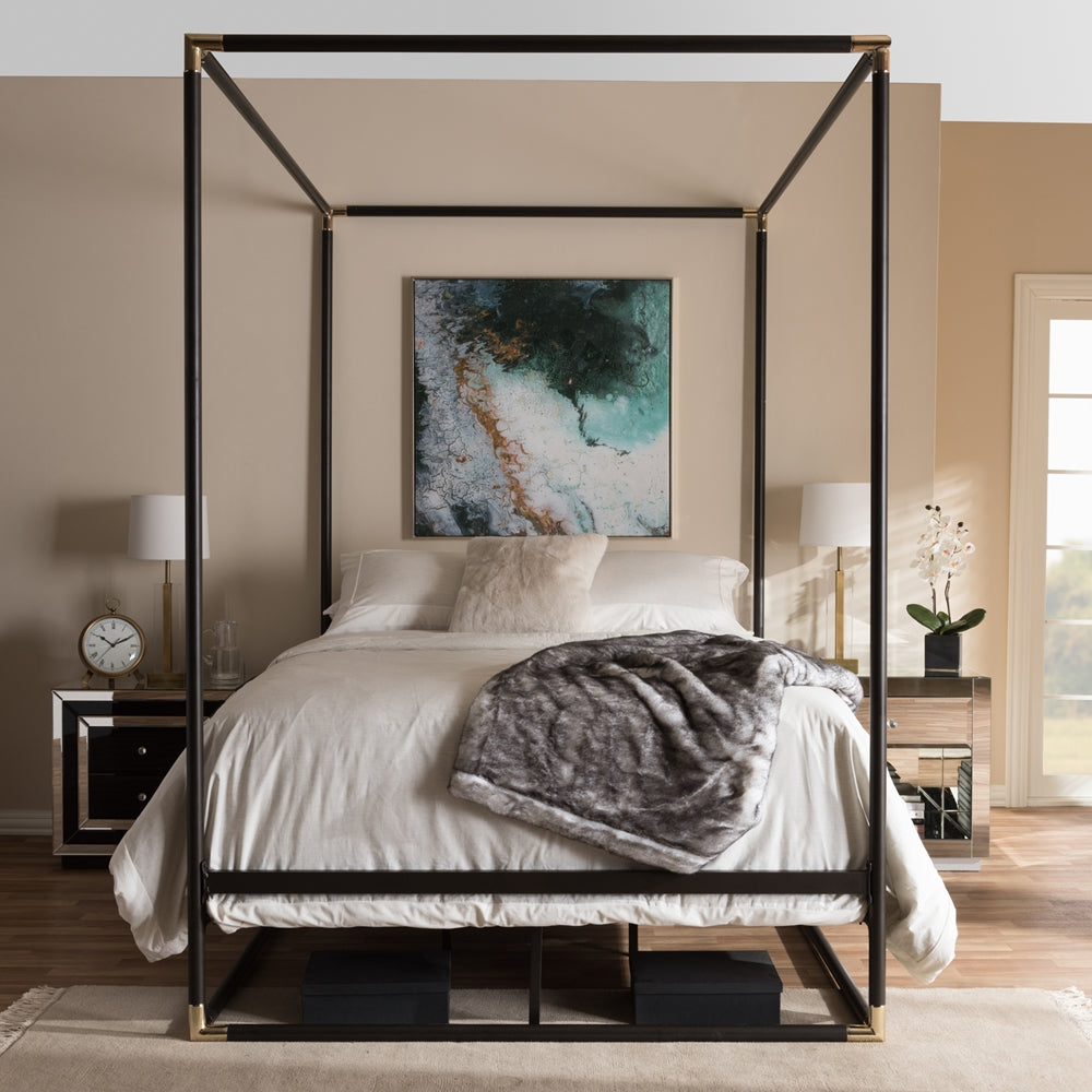 Eva Vintage Industrial Black Finished Metal Canopy Queen Bed