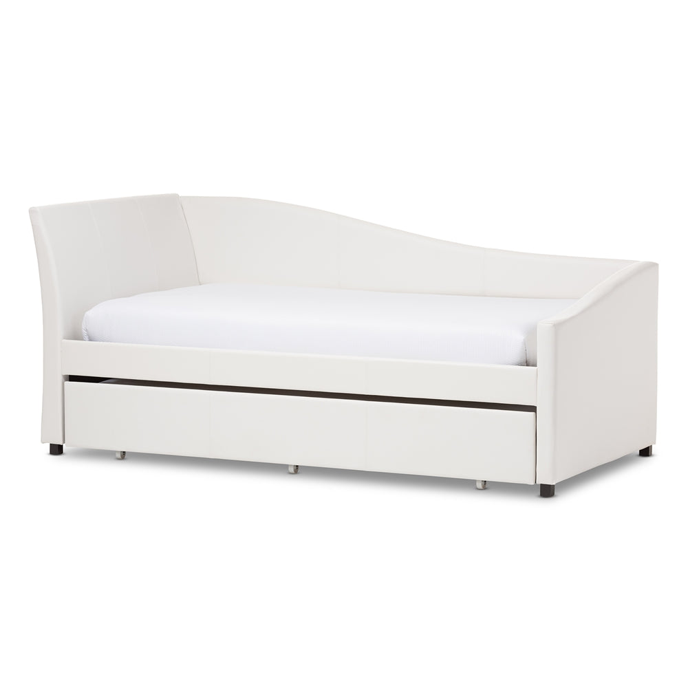 Vera Twin Daybed White Faux Leather Curved Upholstered with Trundle