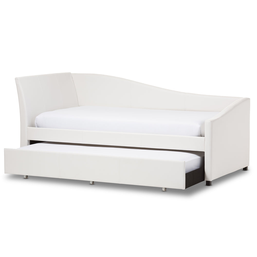 Vera Twin Daybed White Faux Leather Curved Upholstered with Trundle