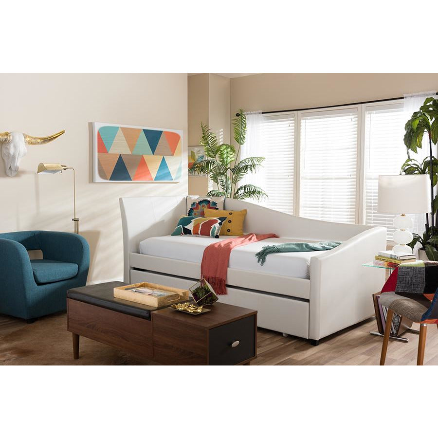 Vera Twin Daybed White Faux Leather Curved Upholstered with Trundle